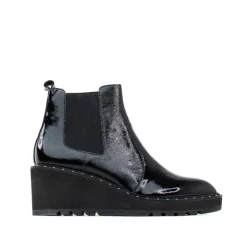 Cecelia New York -Gemma Slip On Low Wedge Boot Black Patent