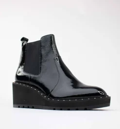 Cecelia New York -Gemma Slip On Low Wedge Boot Black Patent