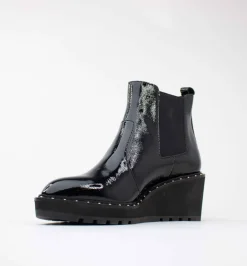 Cecelia New York -Gemma Slip On Low Wedge Boot Black Patent