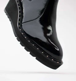 Cecelia New York -Gemma Slip On Low Wedge Boot Black Patent