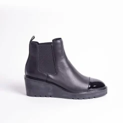 Cecelia New York -Gemmain Captoe Slip On Low Wedge Boot Black Leather Outlet